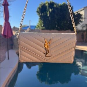 Authentic Yves Saint Laurent Cream Quilted Clutch with Gold Chain